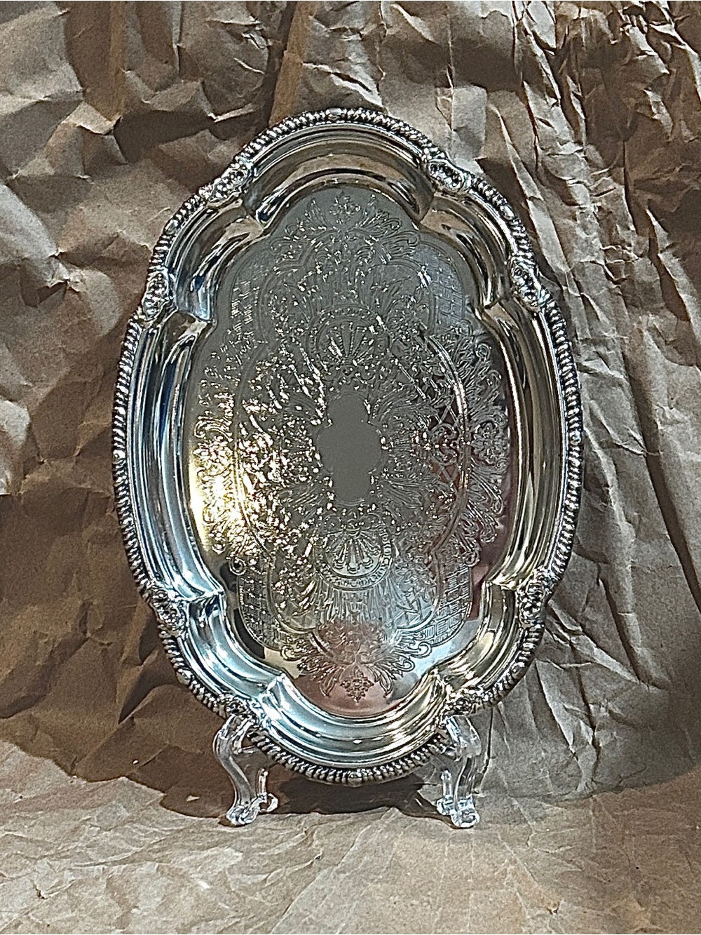 Vintage Silver Plate Tray Etched Rococo Designs Raised Scalloped Edges